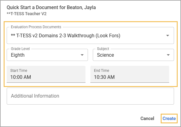 Document creation interface for T-TESS evaluation process, highlighting grade level and subject.